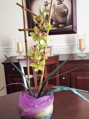 Faux Orchid  arrangement with Bamboo and Ceramic Vase